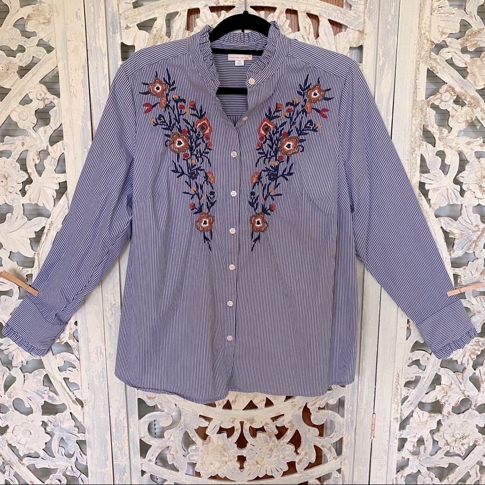 Westport 1962 Striped Blouse Embroidered 1x plus